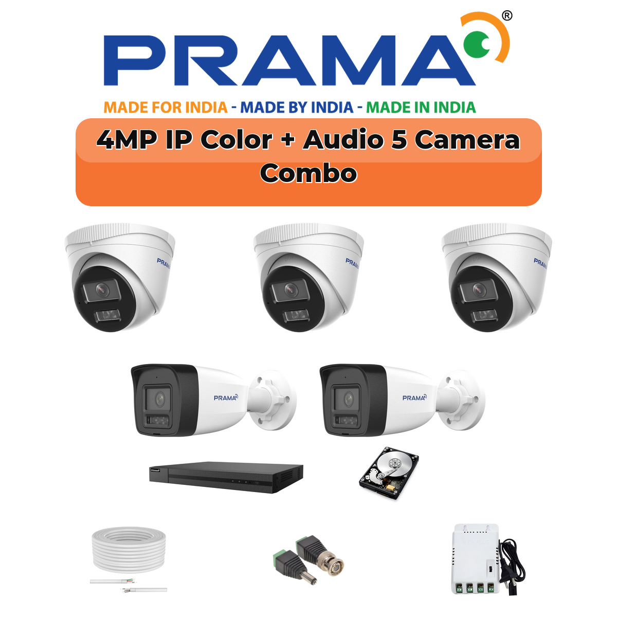 Prama 5 Camera 4MP IP CCTV Combo Kit | RanginView Dual Light + Mic | 8CH NVR | 1ร1TB HDD 1 PRAMA Prama 4MP Smart Dual Light 5-Camera IP Combo Kit | 5 Cameras | Built-in Mic | Color Night Vision | 8-Channel NVR | AI Detection | PT-NC140D3-WNM(D2)-5-COMBO