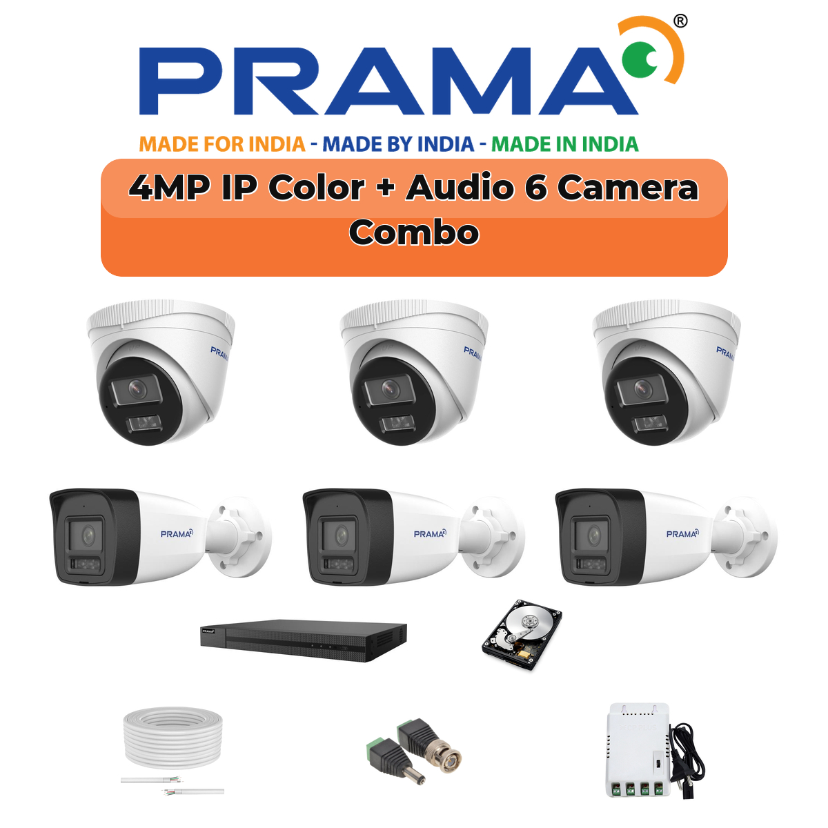 Prama 6 Camera 4MP IP CCTV Combo Kit | RanginView Dual Light + Mic | 8CH NVR | 1ร1TB HDD 1 PRAMA Prama 4MP Smart Dual Light 6-Camera IP Combo Kit | 6 Cameras | Built-in Mic | Color Night Vision | 8-Channel NVR | AI Detection | PT-NC140D3-WNM(D2)-6-COMBO