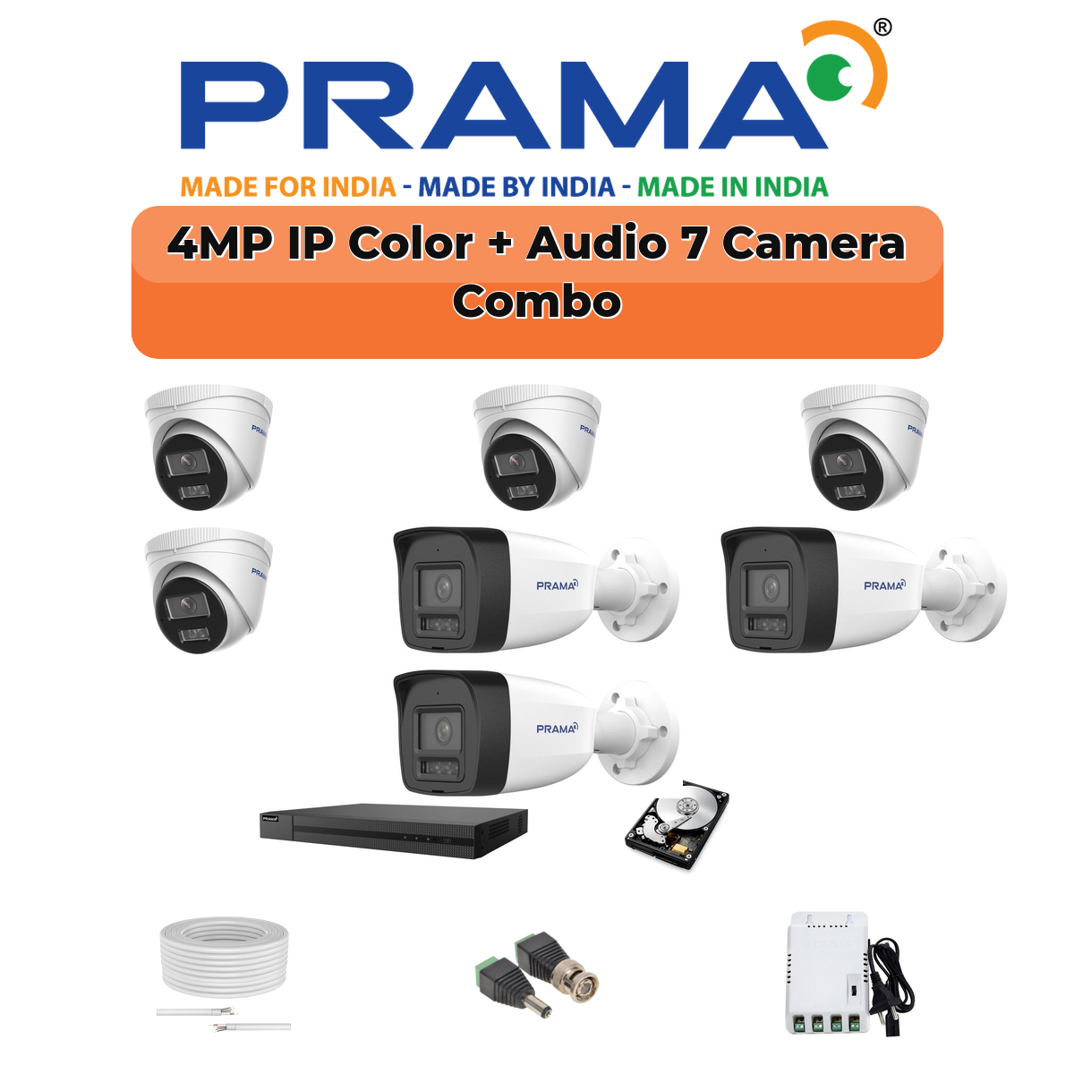 Prama 7 Camera 4MP IP CCTV Combo Kit | RanginView Dual Light + Mic | 8CH NVR | 1ร1TB HDD 1 PRAMA Prama 4MP Smart Dual Light 7-Camera IP Combo Kit | 7 Cameras | Built-in Mic | Color Night Vision | 8-Channel NVR | AI Detection | PT-NC140D3-WNM(D2)-7-COMBO