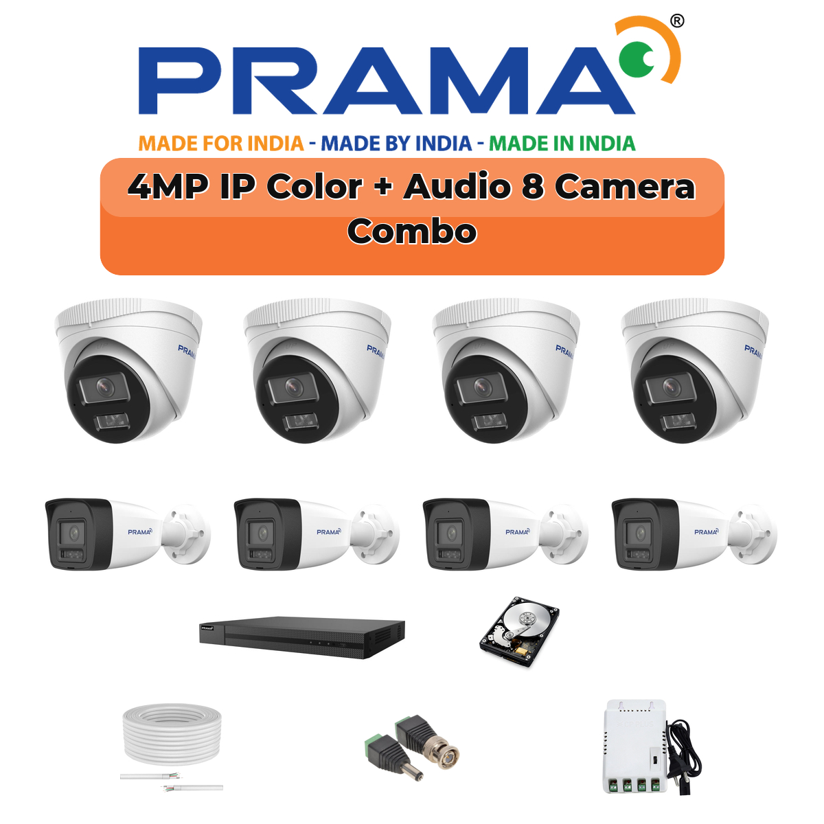 Prama 8 Camera 4MP IP CCTV Combo Kit | RanginView Dual Light + Mic | 8CH NVR | 1ร1TB HDD 1 PRAMA Prama 4MP Smart Dual Light 8-Camera IP Combo Kit | 8 Cameras | Built-in Mic | Color Night Vision | 8-Channel NVR | AI Detection | PT-NC140D3-WNM(D2)-8-COMBO
