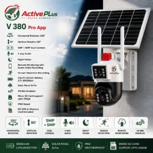 ActivePlus Solar Dual Camera 5MP+5MP 4G SIM PTZ Security Camera | 355° Pan | 8000mAh Battery | No WiFi | AP-SOLAR-DC-5MP-4G