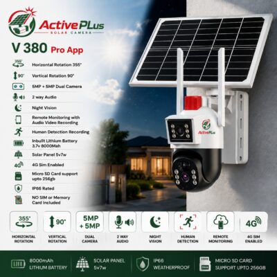 ActivePlus Solar Dual Camera 5MP+5MP 4G SIM PTZ Security Camera | 355° Pan | 8000mAh Battery | No WiFi | AP-SOLAR-DC-5MP-4G