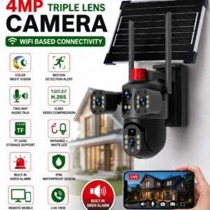ActivePlus Solar Triple Lens 4MP WiFi PTZ Security Camera | Siren Alarm | Color Night Vision | Solar Powered | AP-SOLAR-TL-4MP