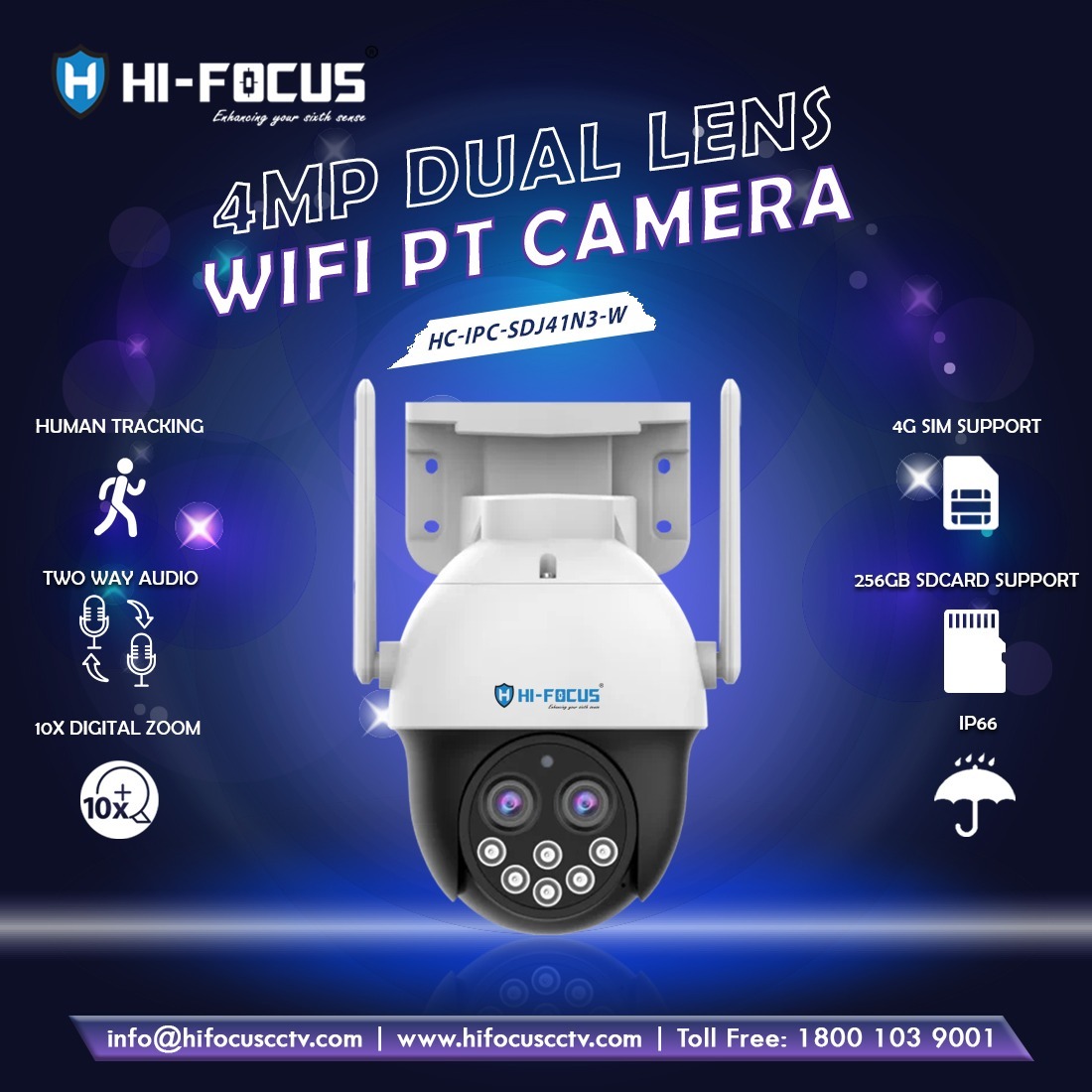 HI-FOCUS 4MP Dual Lens WiFi PT Camera | HC-IPC-SDJ41N3-W | Human Tracking | Two Way Audio | 10x Zoom | 4G SIM | 256GB SD | IP66 1 Hi Focus HI-FOCUS 4MP Dual Lens WiFi PT Camera | HC-IPC-SDJ41N3-W | Human Tracking | Two Way Audio | 10x Zoom | 4G SIM | 256GB SD | IP66