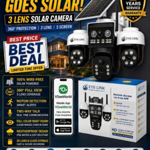 EYE-LINK EYE-LINK 3-Lens Solar Security Camera | 360° Full View | 100% Wire-Free | WiFi & 4G | Full-Color Night Vision | VSeeWorld App | 2 Year Warranty