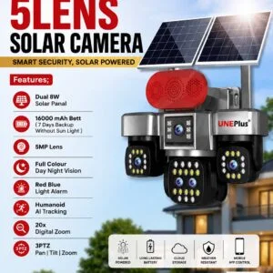 UNEPlus 5 Lens Solar Camera | 5MP Full Colour | Dual 8W Solar + 16000mAh (10-Day Backup) | 3 PTZ | 20x Zoom | 4G Cloud SIM | Humanoid AI | UNEPLUS-5LENS_SOLAR
