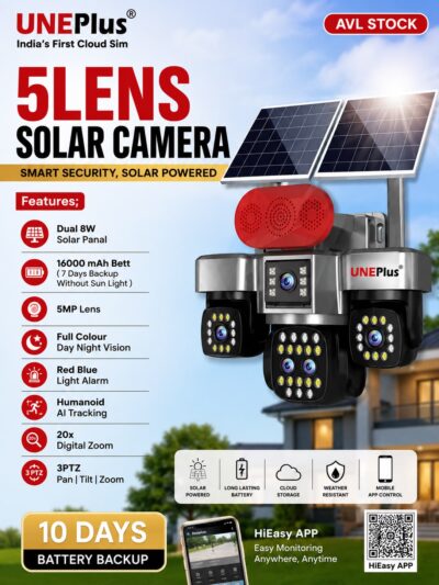 UNEPlus 5 Lens Solar Camera | 5MP Full Colour | Dual 8W Solar + 16000mAh (10-Day Backup) | 3 PTZ | 20x Zoom | 4G Cloud SIM | Humanoid AI | UNEPLUS-5LENS_SOLAR