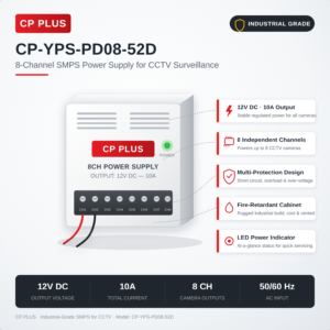 CP Plus 52V DC Power Supply | 8 Channel PoE NVR Compatible | Eco Series | 2 Year Warranty | CP-YPS-PD08-52D