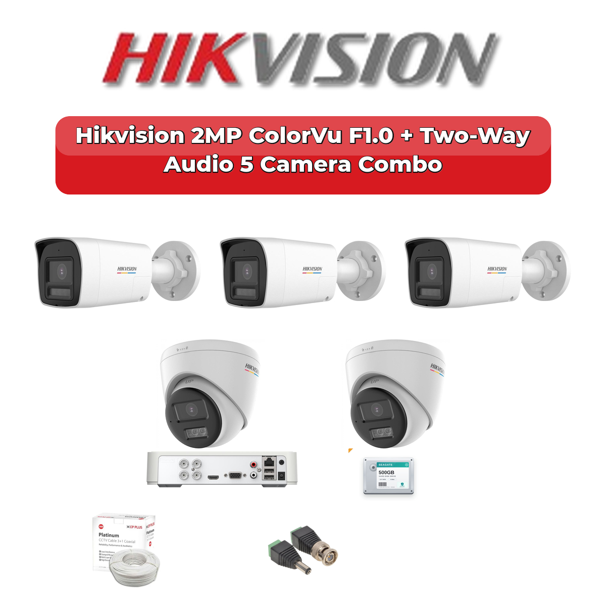 Hikvision 5 Camera 2MP HD CCTV Combo Kit | ColorVu F1.0 + Two-Way Audio | 8CH XVR / DVR | 500GB HDD 1 Hikvision 5 Camera 2MP HD CCTV Combo Kit | ColorVu F1.0 + Two-Way Audio | 8CH XVR / DVR | 500GB HDD