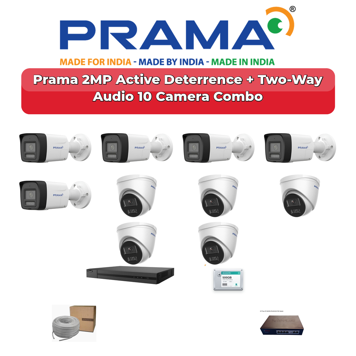 Prama 10 Camera 2MP IP CCTV Combo Kit | Active Deterrence + Two-Way Audio | 16CH NVR | 2TB HDD 1 Prama 10 Camera 2MP IP CCTV Combo Kit | Active Deterrence + Two-Way Audio | 16CH NVR | 2TB HDD