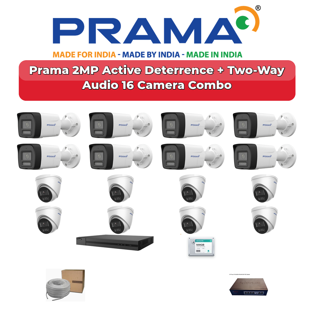 Prama 16 Camera 2MP IP CCTV Combo Kit | Active Deterrence + Two-Way Audio | 16CH NVR | 4TB HDD 1 Prama 16 Camera 2MP IP CCTV Combo Kit | Active Deterrence + Two-Way Audio | 16CH NVR | 4TB HDD