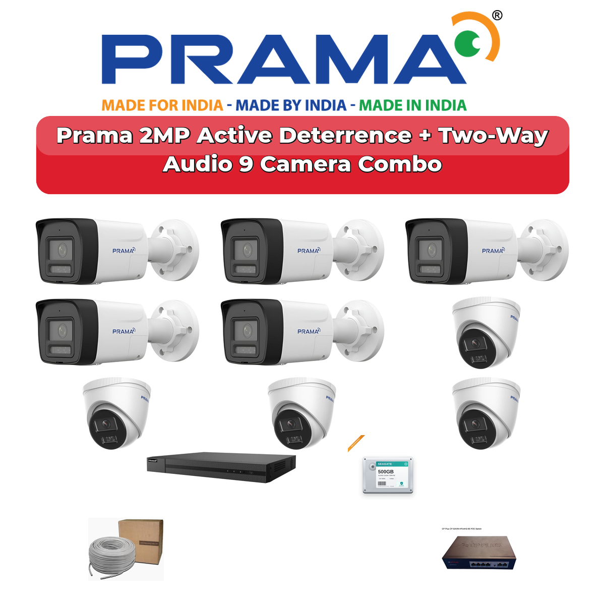 Prama 9 Camera 2MP IP CCTV Combo Kit | Active Deterrence + Two-Way Audio | 16CH NVR | 2TB HDD 1 Prama 9 Camera 2MP IP CCTV Combo Kit | Active Deterrence + Two-Way Audio | 16CH NVR | 2TB HDD
