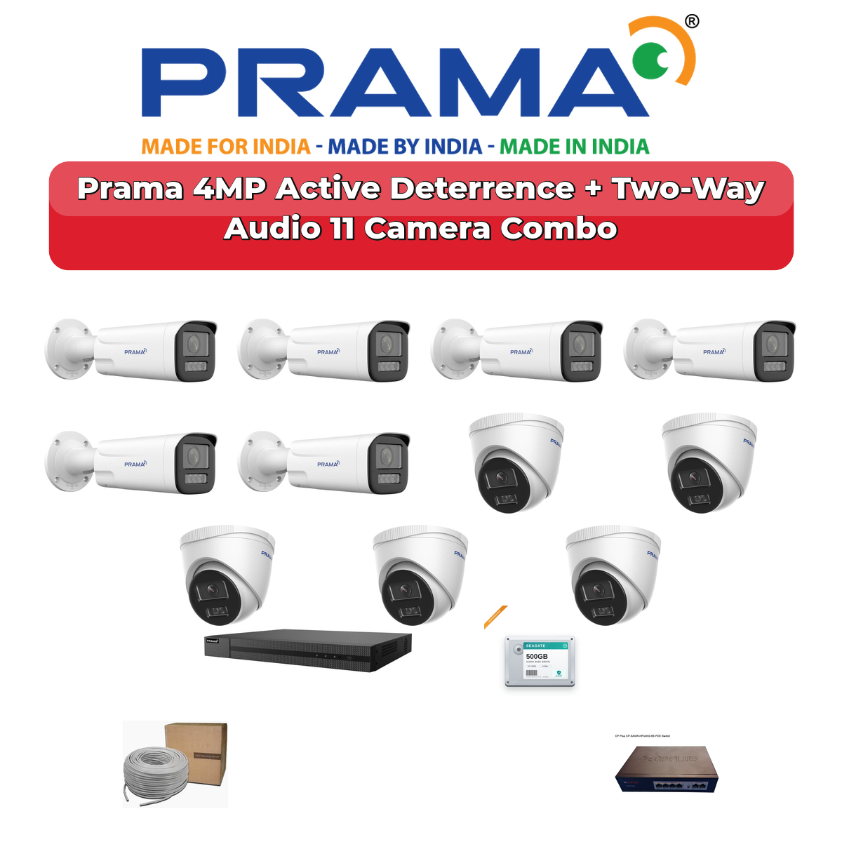 Prama 11 Camera 4MP IP CCTV Combo Kit | Active Deterrence + Two-Way Audio | 16CH NVR | 2TB HDD 1 Prama 11 Camera 4MP IP CCTV Combo Kit | Active Deterrence + Two-Way Audio | 16CH NVR | 2TB HDD