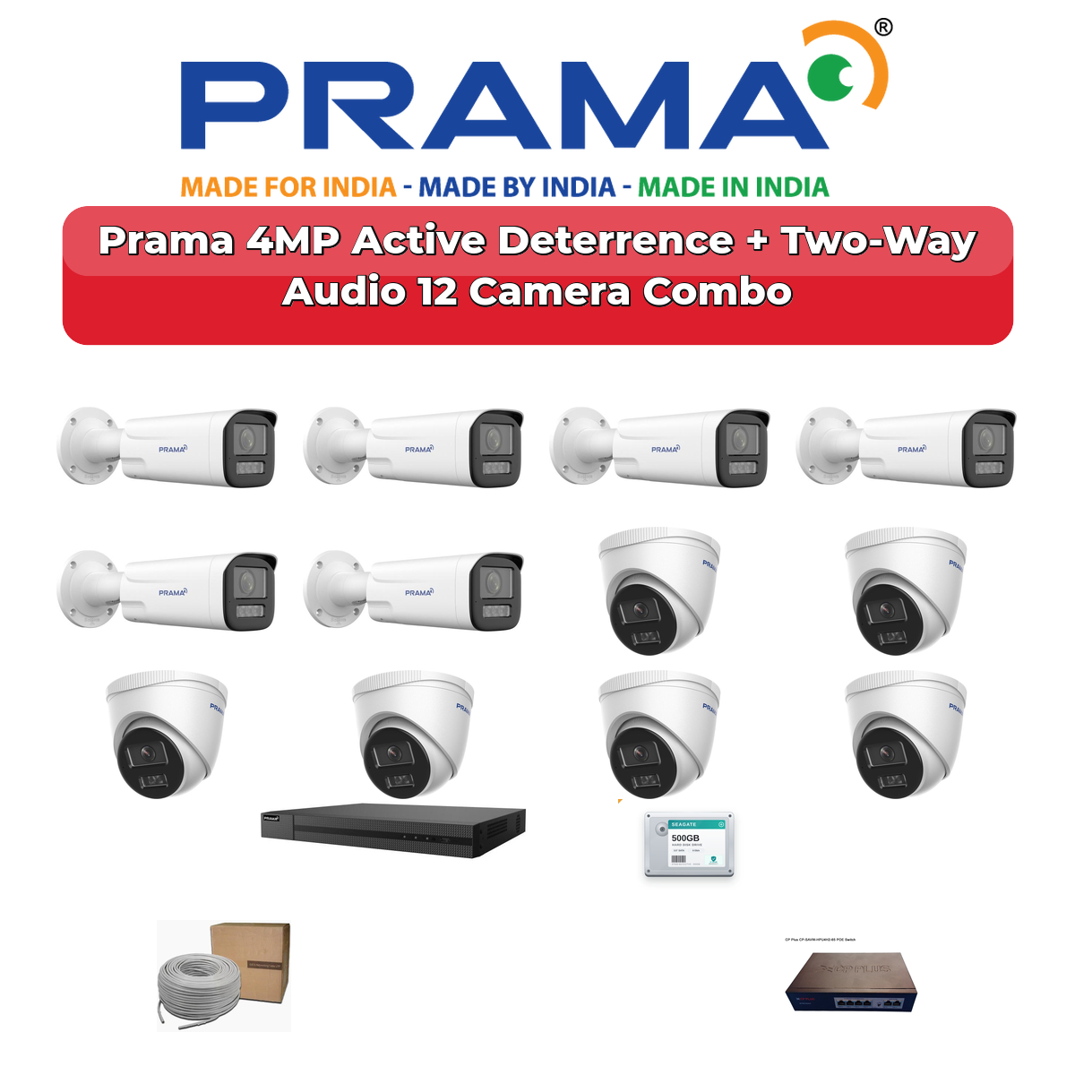 Prama 12 Camera 4MP IP CCTV Combo Kit | Active Deterrence + Two-Way Audio | 16CH NVR | 2TB HDD 1 Prama 12 Camera 4MP IP CCTV Combo Kit | Active Deterrence + Two-Way Audio | 16CH NVR | 2TB HDD