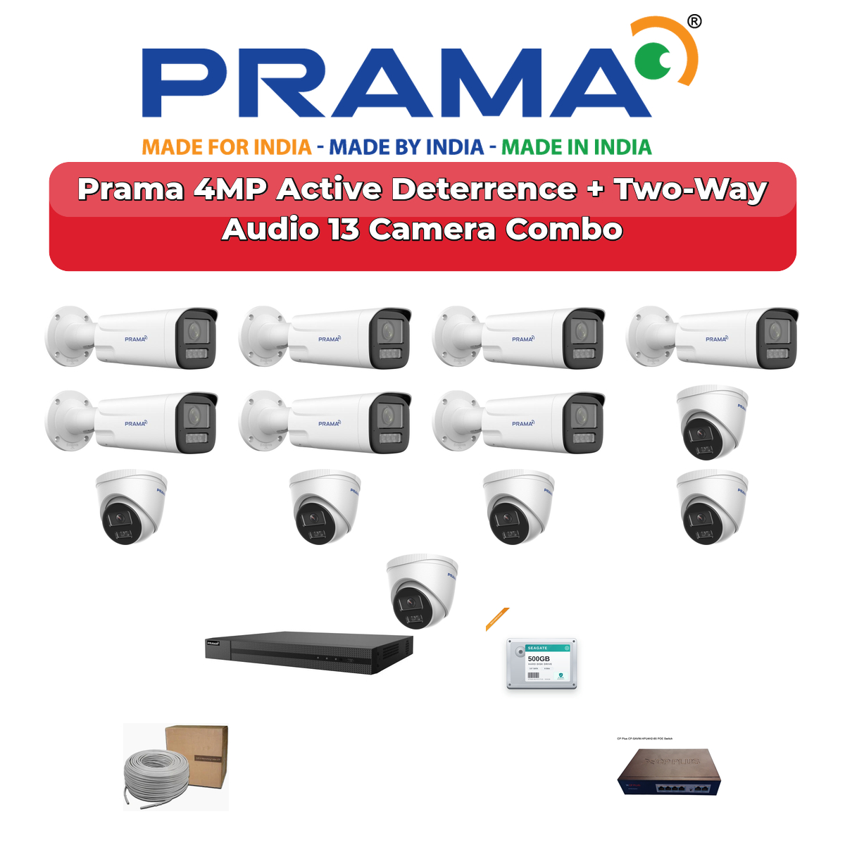 Prama 13 Camera 4MP IP CCTV Combo Kit | Active Deterrence + Two-Way Audio | 16CH NVR | 4TB HDD 1 Prama 13 Camera 4MP IP CCTV Combo Kit | Active Deterrence + Two-Way Audio | 16CH NVR | 4TB HDD