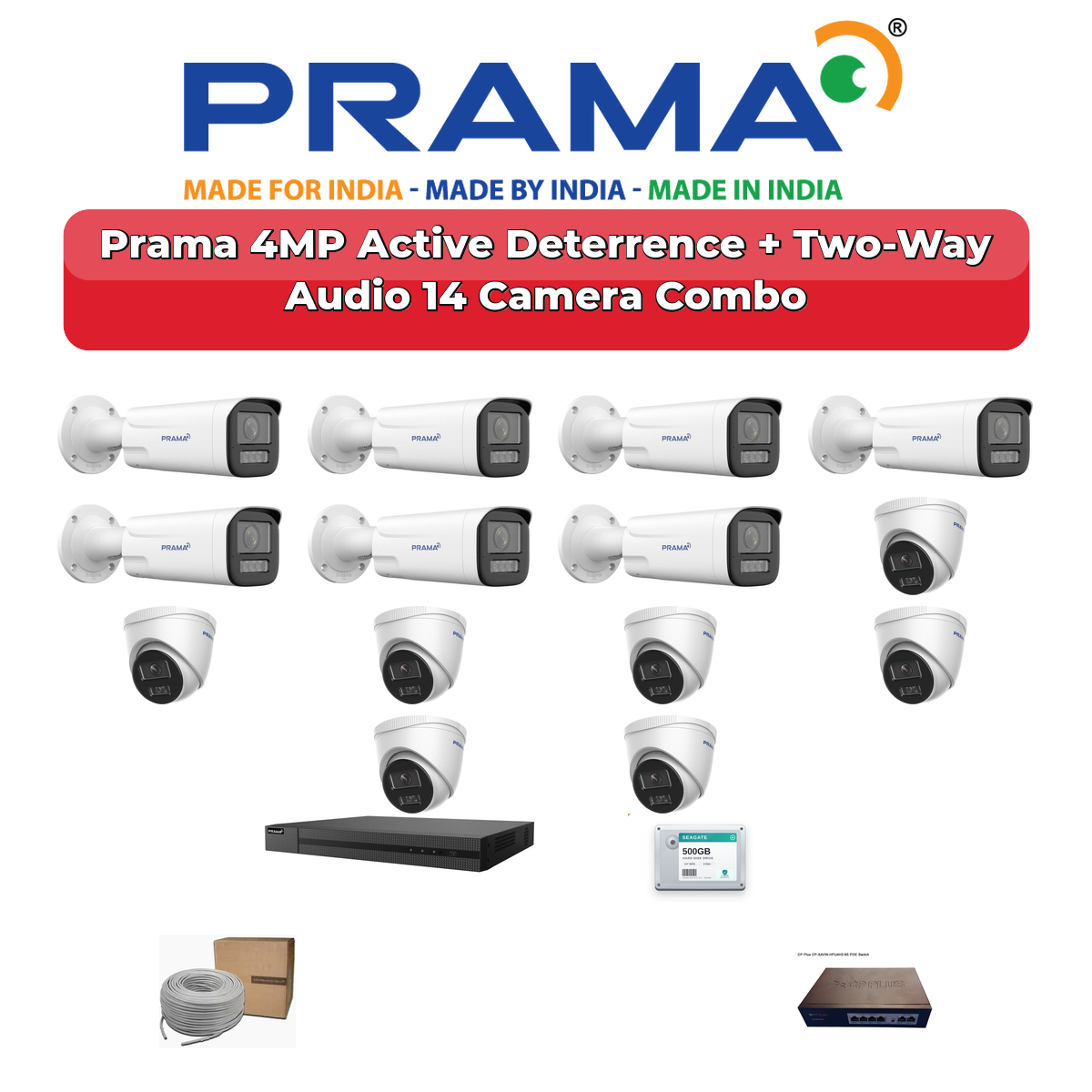 Prama 14 Camera 4MP IP CCTV Combo Kit | Active Deterrence + Two-Way Audio | 16CH NVR | 4TB HDD 1 Prama 14 Camera 4MP IP CCTV Combo Kit | Active Deterrence + Two-Way Audio | 16CH NVR | 4TB HDD