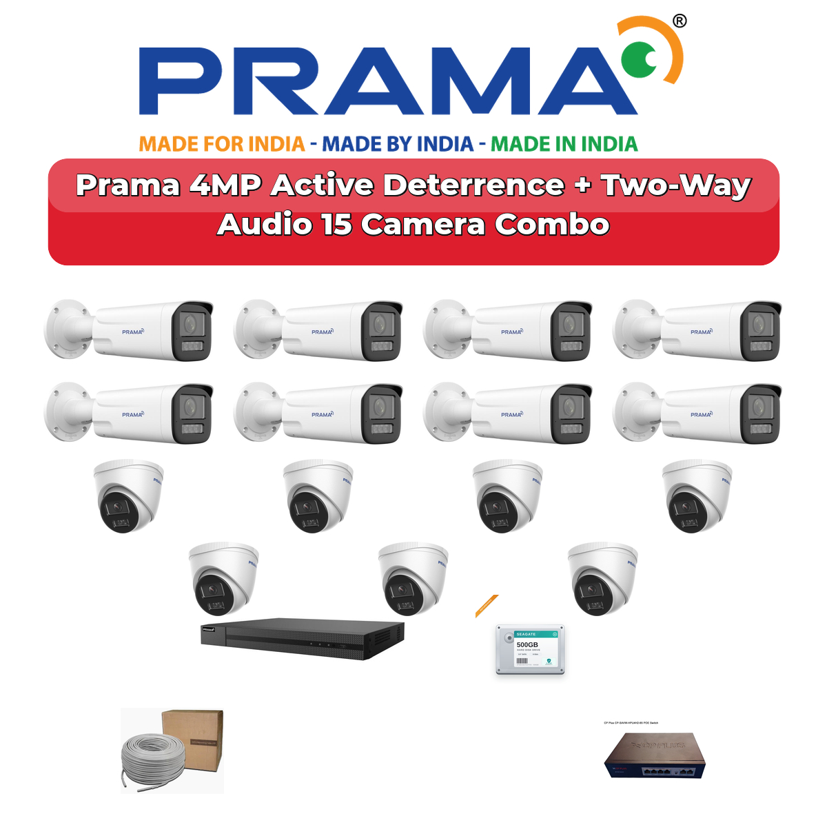 Prama 15 Camera 4MP IP CCTV Combo Kit | Active Deterrence + Two-Way Audio | 16CH NVR | 4TB HDD 1 Prama 15 Camera 4MP IP CCTV Combo Kit | Active Deterrence + Two-Way Audio | 16CH NVR | 4TB HDD