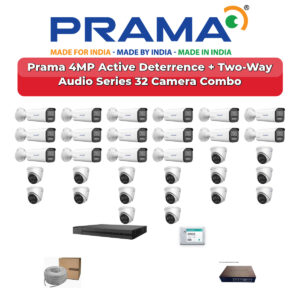 Prama 32 Camera 4MP IP CCTV Combo Kit | Active Deterrence + Two-Way Audio | 32CH NVR | 2×6TB HDD