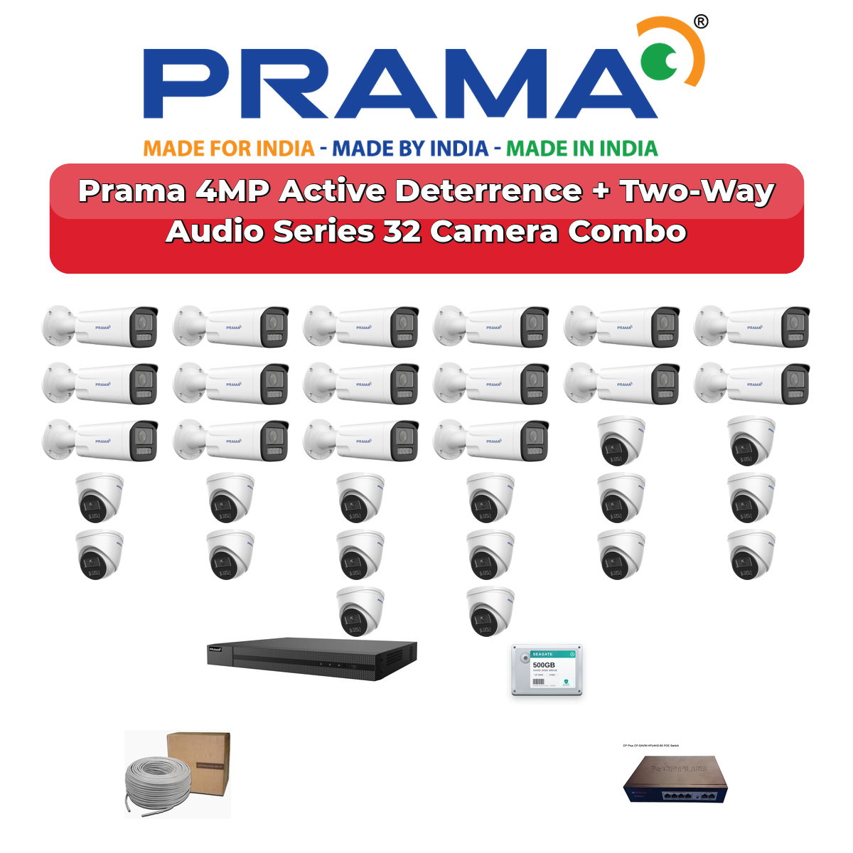 Prama 32 Camera 4MP IP CCTV Combo Kit | Active Deterrence + Two-Way Audio | 32CH NVR | 2×6TB HDD 1 Prama 32 Camera 4MP IP CCTV Combo Kit | Active Deterrence + Two-Way Audio | 32CH NVR | 2×6TB HDD