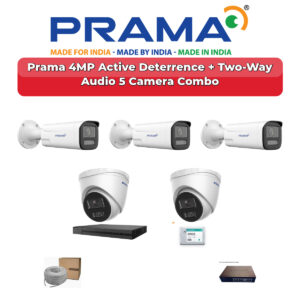 Prama 5 Camera 4MP IP CCTV Combo Kit | Active Deterrence + Two-Way Audio | 8CH NVR | 500GB HDD