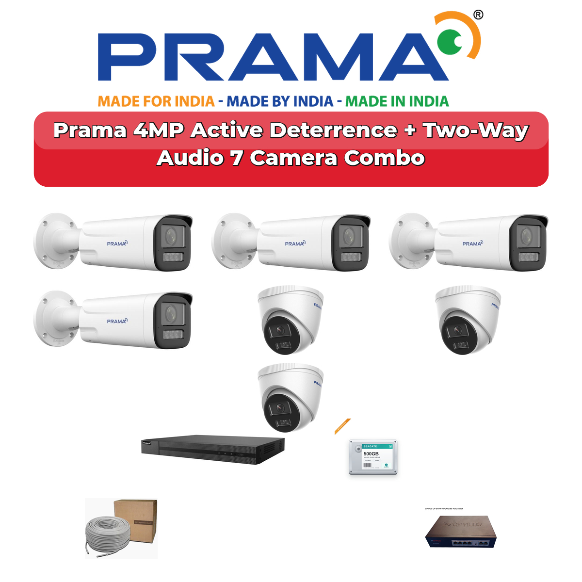 Prama 7 Camera 4MP IP CCTV Combo Kit | Active Deterrence + Two-Way Audio | 8CH NVR | 1TB HDD 1 Prama 7 Camera 4MP IP CCTV Combo Kit | Active Deterrence + Two-Way Audio | 8CH NVR | 1TB HDD