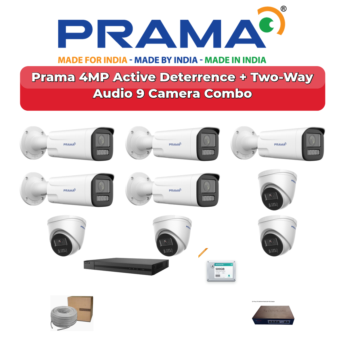 Prama 9 Camera 4MP IP CCTV Combo Kit | Active Deterrence + Two-Way Audio | 16CH NVR | 2TB HDD 1 Prama 9 Camera 4MP IP CCTV Combo Kit | Active Deterrence + Two-Way Audio | 16CH NVR | 2TB HDD