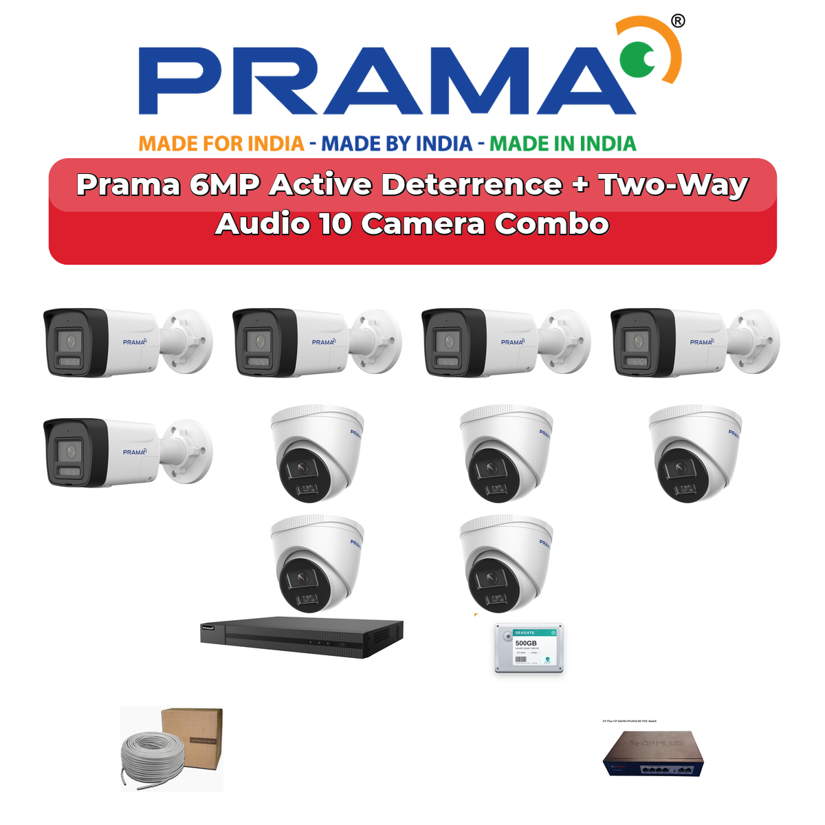 Prama 10 Camera 6MP IP CCTV Combo Kit | Active Deterrence + Two-Way Audio | 16CH NVR | 2TB HDD 1 Prama 10 Camera 6MP IP CCTV Combo Kit | Active Deterrence + Two-Way Audio | 16CH NVR | 2TB HDD