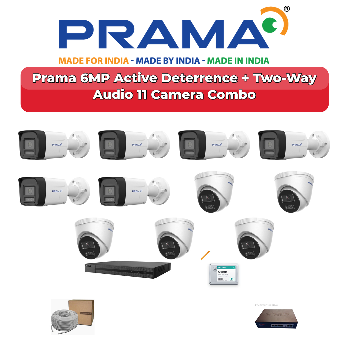 Prama 11 Camera 6MP IP CCTV Combo Kit | Active Deterrence + Two-Way Audio | 16CH NVR | 2TB HDD 1 Prama 11 Camera 6MP IP CCTV Combo Kit | Active Deterrence + Two-Way Audio | 16CH NVR | 2TB HDD