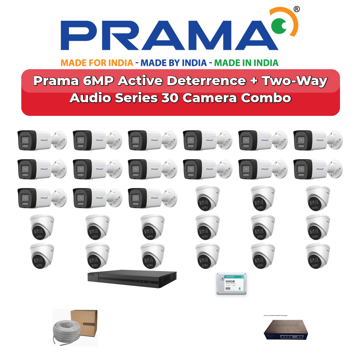 Prama 30 Camera 6MP IP CCTV Combo Kit | Active Deterrence + Two-Way Audio | 32CH NVR | 2×6TB HDD 1 Prama 30 Camera 6MP IP CCTV Combo Kit | Active Deterrence + Two-Way Audio | 32CH NVR | 2×6TB HDD