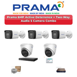 Prama 5 Camera 6MP IP CCTV Combo Kit | Active Deterrence + Two-Way Audio | 8CH NVR | 500GB HDD
