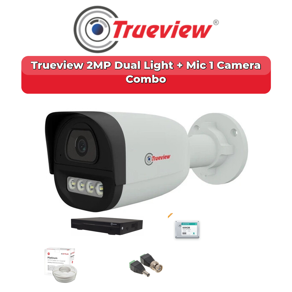 Trueview 1 Camera 2MP HD CCTV Combo Kit | Dual Light + Mic | 4CH XVR / DVR | 500GB HDD 1 Trueview 1 Camera 2MP HD CCTV Combo Kit | Dual Light + Mic | 4CH XVR / DVR | 500GB HDD