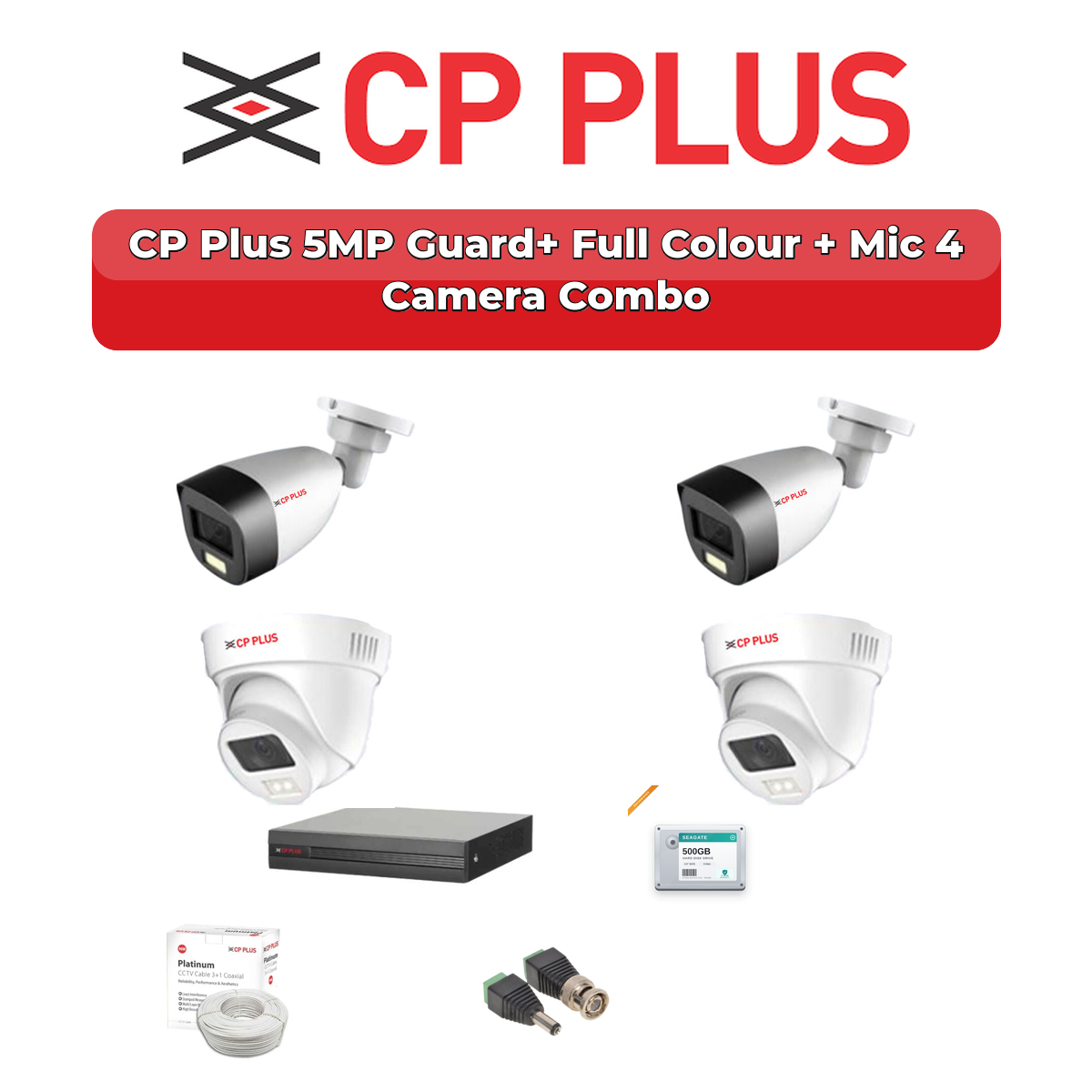 CP Plus 4 Camera 5MP HD CCTV Combo Kit | Guard+ Full Colour + Mic | 4CH XVR / DVR | 500GB HDD 1 CP Plus 4 Camera 5MP HD CCTV Combo Kit | Guard+ Full Colour + Mic | 4CH XVR / DVR | 500GB HDD