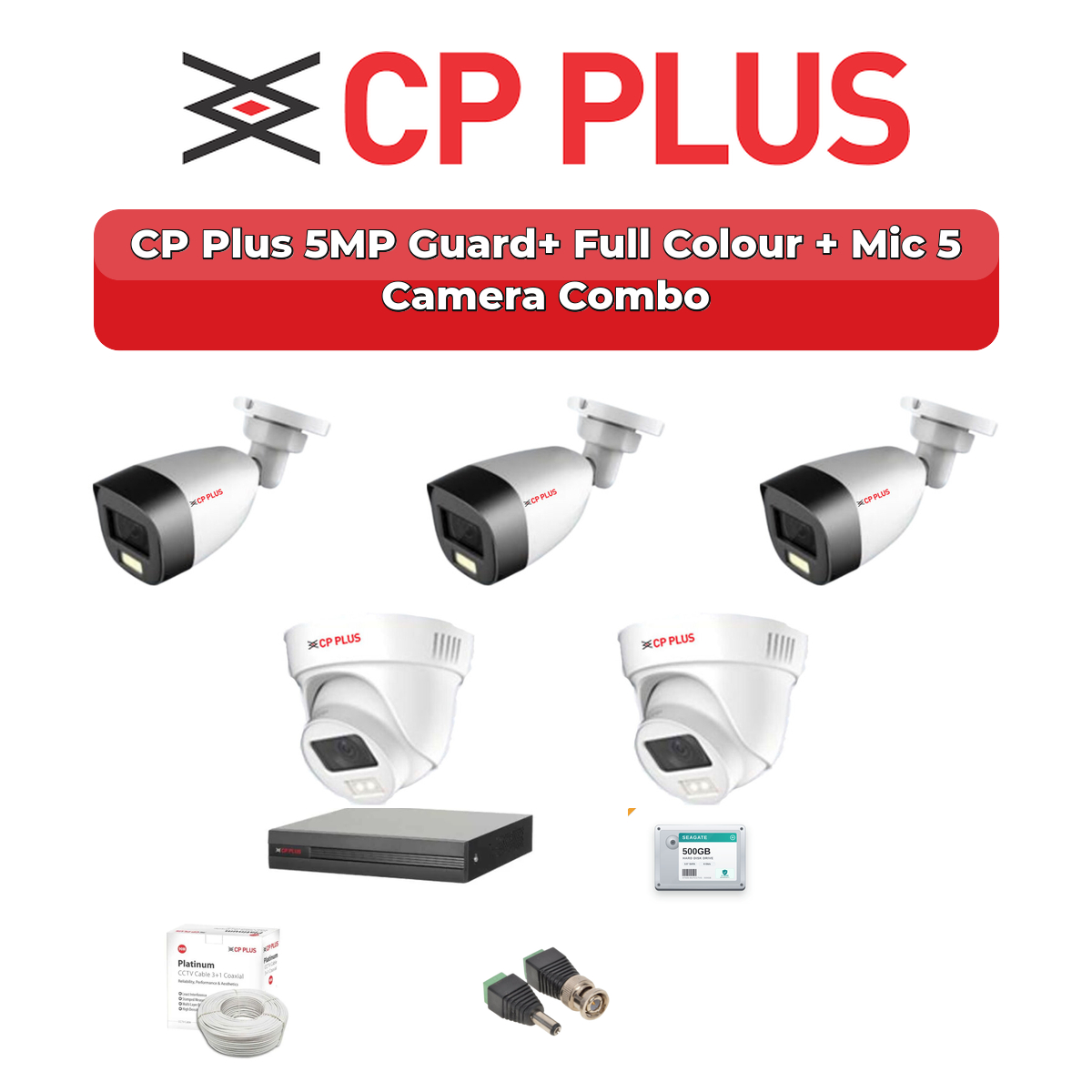 CP Plus 5 Camera 5MP HD CCTV Combo Kit | Guard+ Full Colour + Mic | 8CH XVR / DVR | 500GB HDD 1 CP Plus 5 Camera 5MP HD CCTV Combo Kit | Guard+ Full Colour + Mic | 8CH XVR / DVR | 500GB HDD