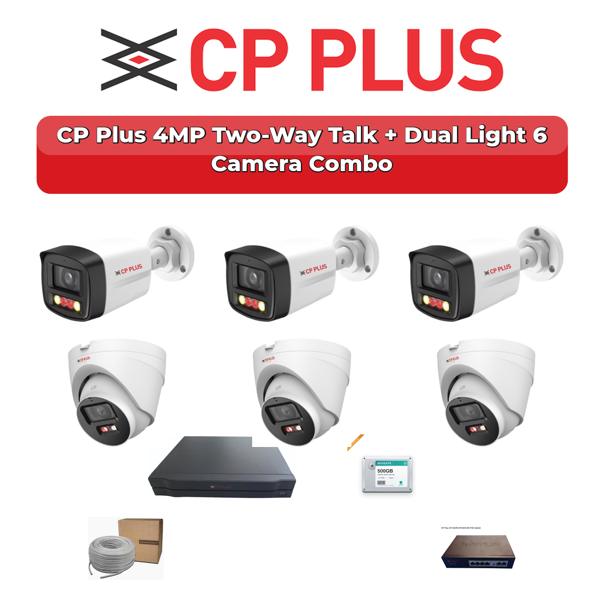 CP Plus 6 Camera 4MP IP CCTV Combo Kit | Two-Way Talk + Dual Light | 8CH NVR | 500GB HDD 1 CP Plus 6 Camera 4MP IP CCTV Combo Kit | Two-Way Talk + Dual Light | 8CH NVR | 500GB HDD