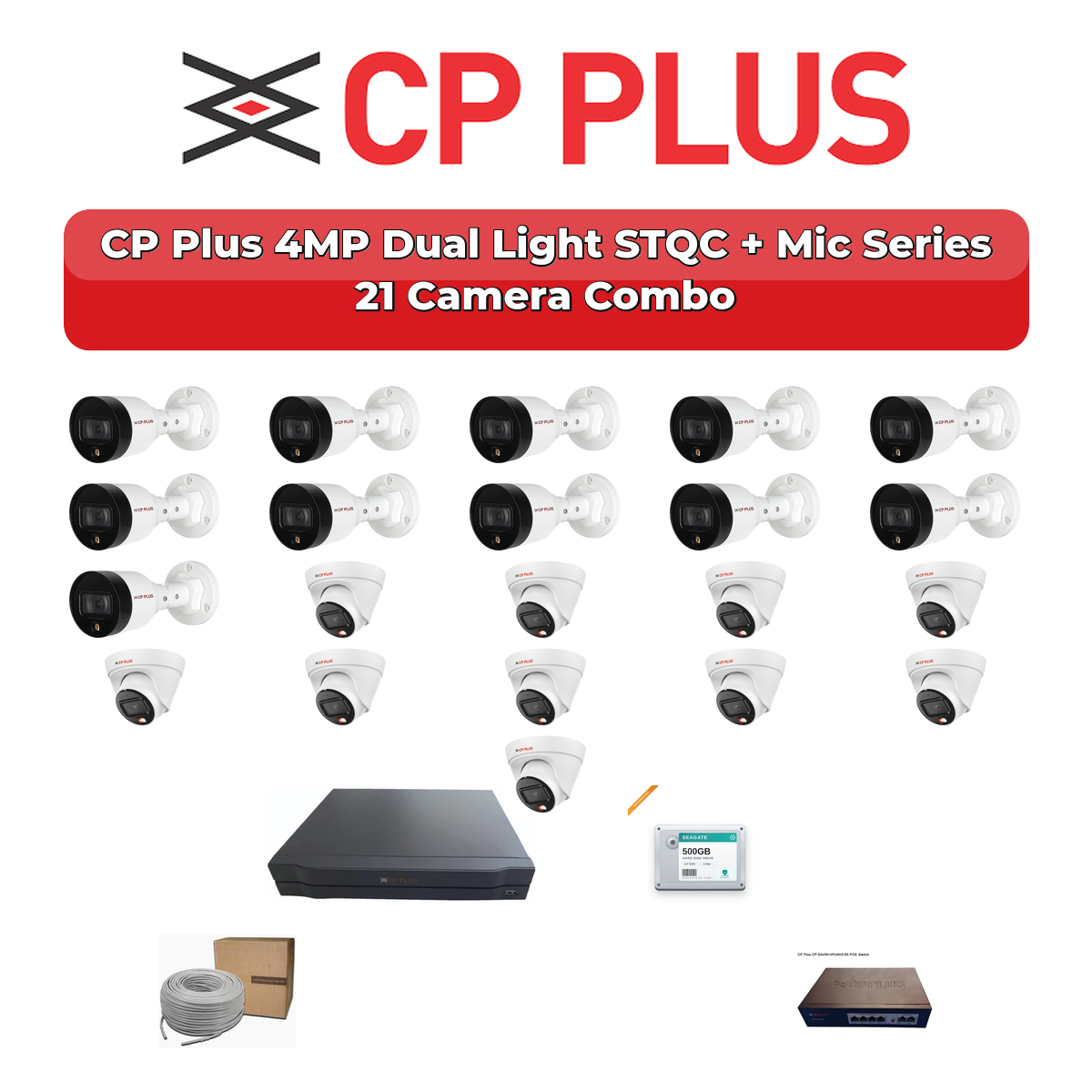 CP Plus 21 Camera 4MP IP CCTV Combo Kit | Dual Light STQC + Mic | 32CH NVR | 2ร4TB HDD 1 CP Plus 21 Camera 4MP IP CCTV Combo Kit | Dual Light STQC + Mic | 32CH NVR | 2ร4TB HDD
