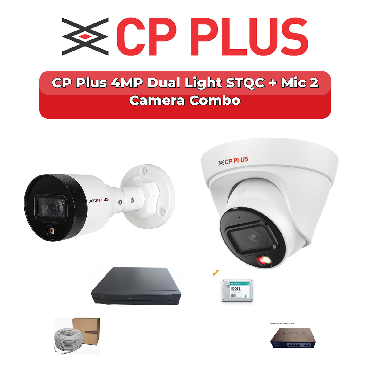 CP Plus 2 Camera 4MP IP CCTV Combo Kit | Dual Light STQC + Mic | 4CH NVR | 500GB HDD 1 CP Plus 2 Camera 4MP IP CCTV Combo Kit | Dual Light STQC + Mic | 4CH NVR | 500GB HDD