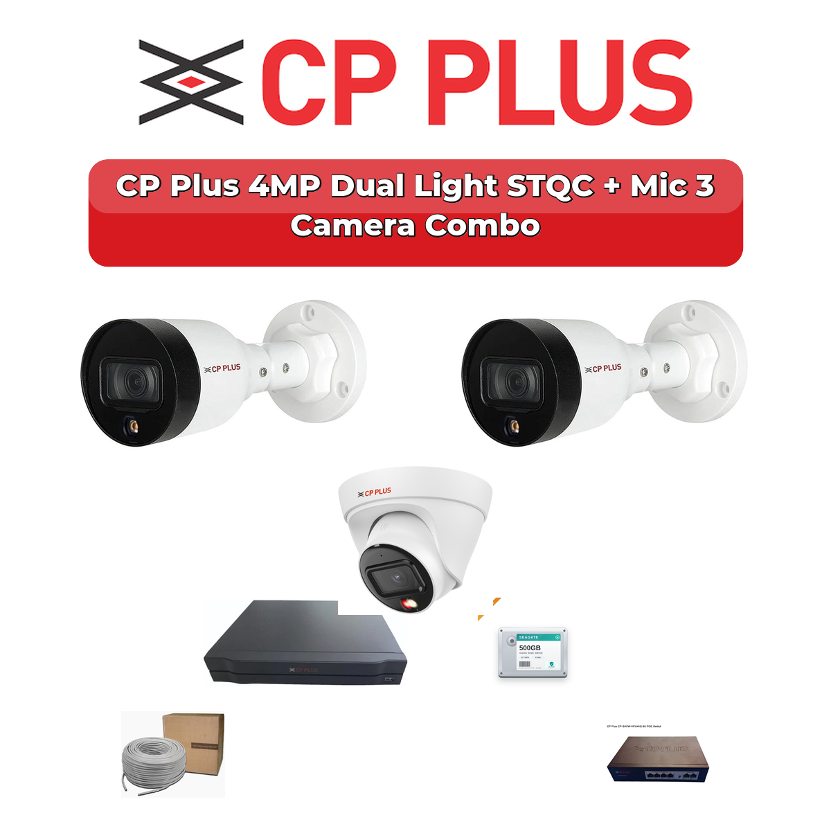 CP Plus 3 Camera 4MP IP CCTV Combo Kit | Dual Light STQC + Mic | 4CH NVR | 500GB HDD 1 CP Plus 3 Camera 4MP IP CCTV Combo Kit | Dual Light STQC + Mic | 4CH NVR | 500GB HDD