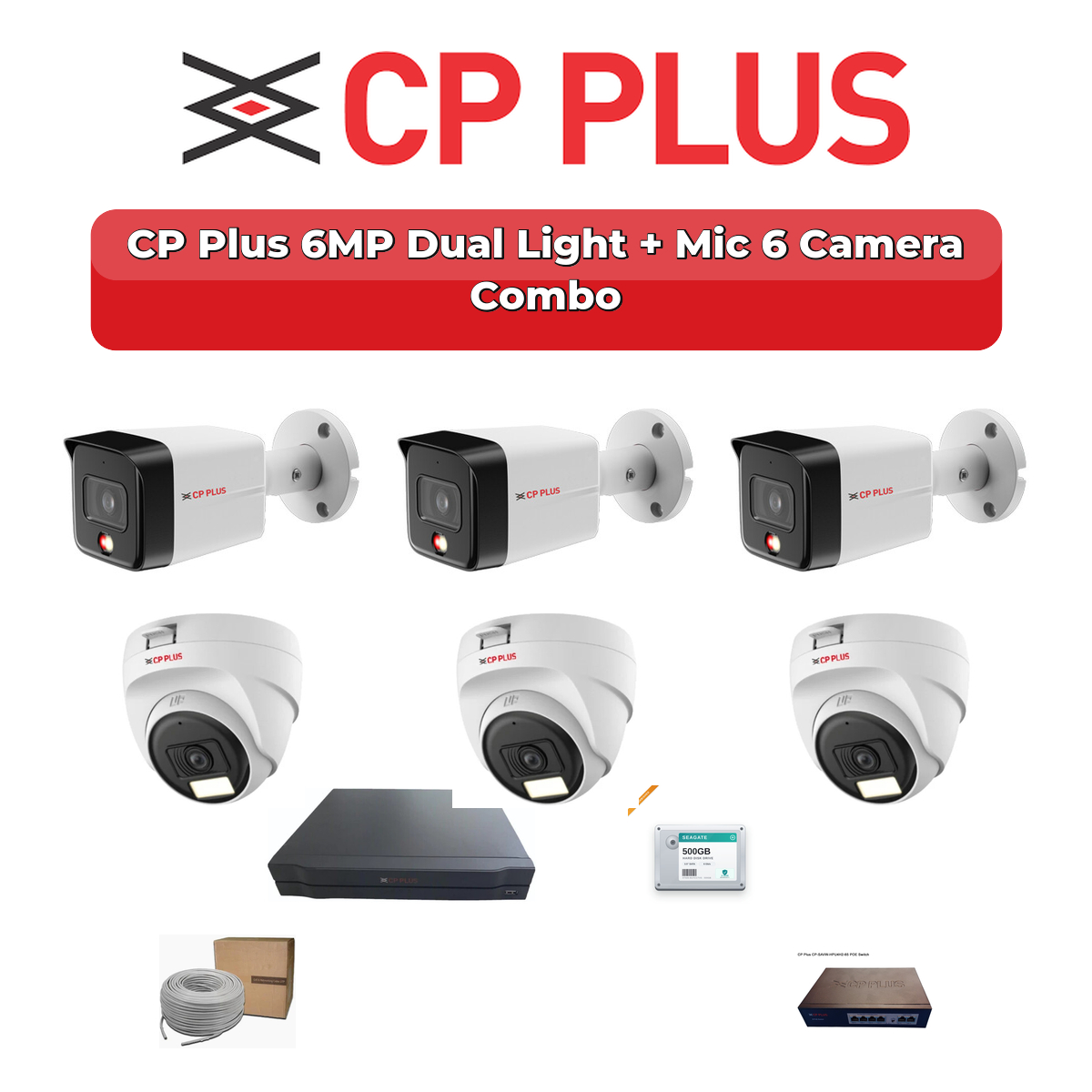 CP Plus 6 Camera 6MP IP CCTV Combo Kit | Dual Light + Mic | 8CH NVR | 500GB HDD 1 CP Plus 6 Camera 6MP IP CCTV Combo Kit | Dual Light + Mic | 8CH NVR | 500GB HDD