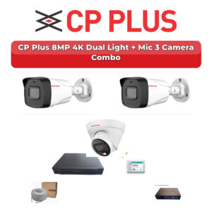 CP Plus 3 Camera 8MP IP CCTV Combo Kit | 4K Dual Light + Mic | 4CH NVR | 500GB HDD