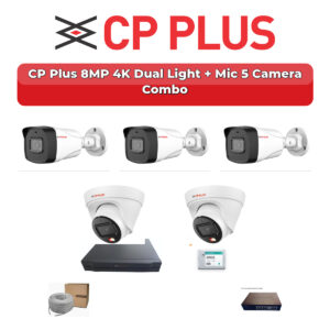 CP Plus 5 Camera 8MP IP CCTV Combo Kit | 4K Dual Light + Mic | 8CH NVR | 500GB HDD