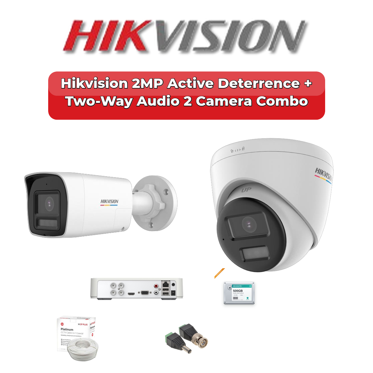 Hikvision 2 Camera 2MP HD CCTV Combo Kit | Active Deterrence + Two-Way Audio | 4CH XVR / DVR | 500GB HDD 1 Hikvision 2 Camera 2MP HD CCTV Combo Kit | Active Deterrence + Two-Way Audio | 4CH XVR / DVR | 500GB HDD