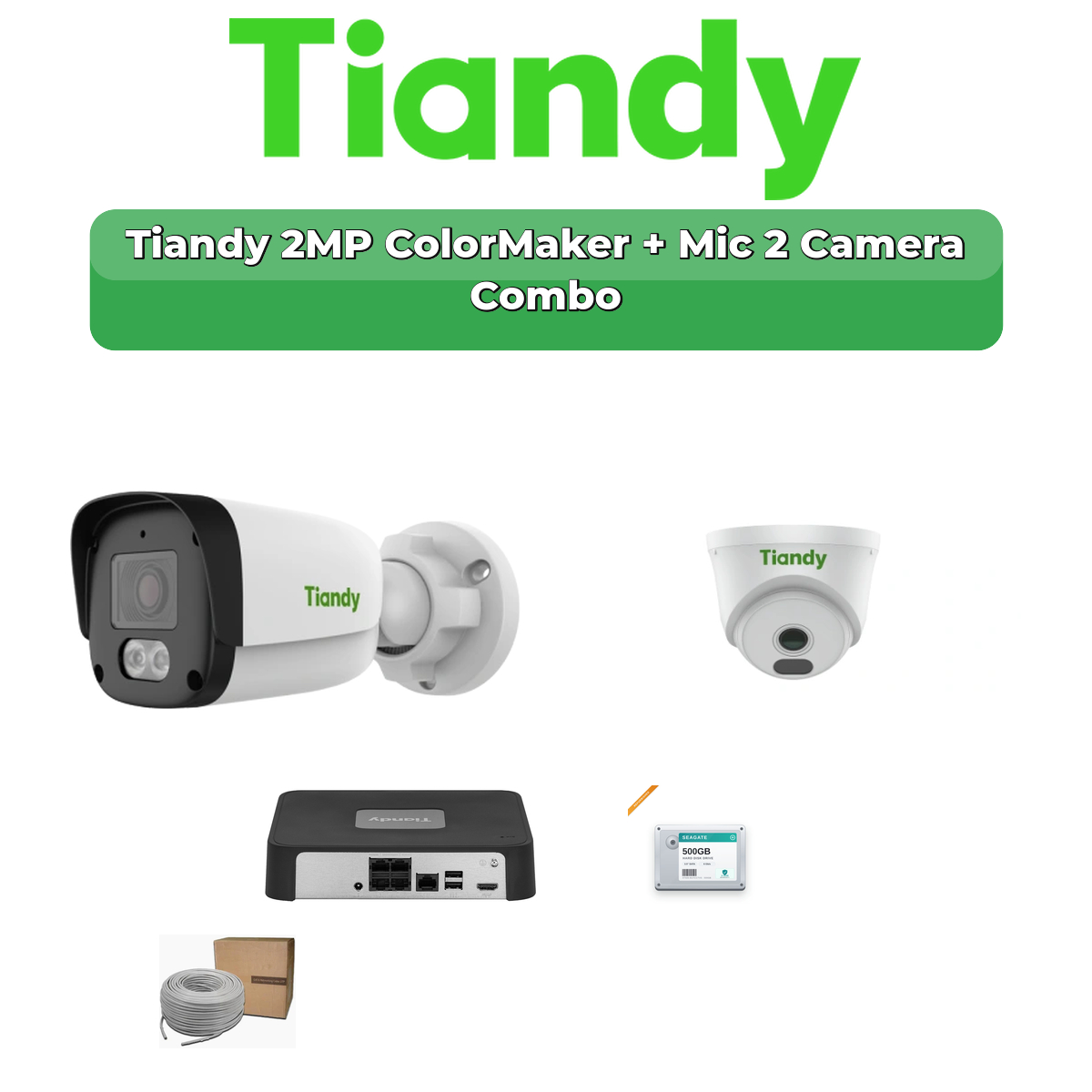 Tiandy 2 Camera 2MP IP CCTV Combo Kit | ColorMaker + Mic | 4CH NVR | 500GB HDD 1 Tiandy 2 Camera 2MP IP CCTV Combo Kit | ColorMaker + Mic | 4CH NVR | 500GB HDD