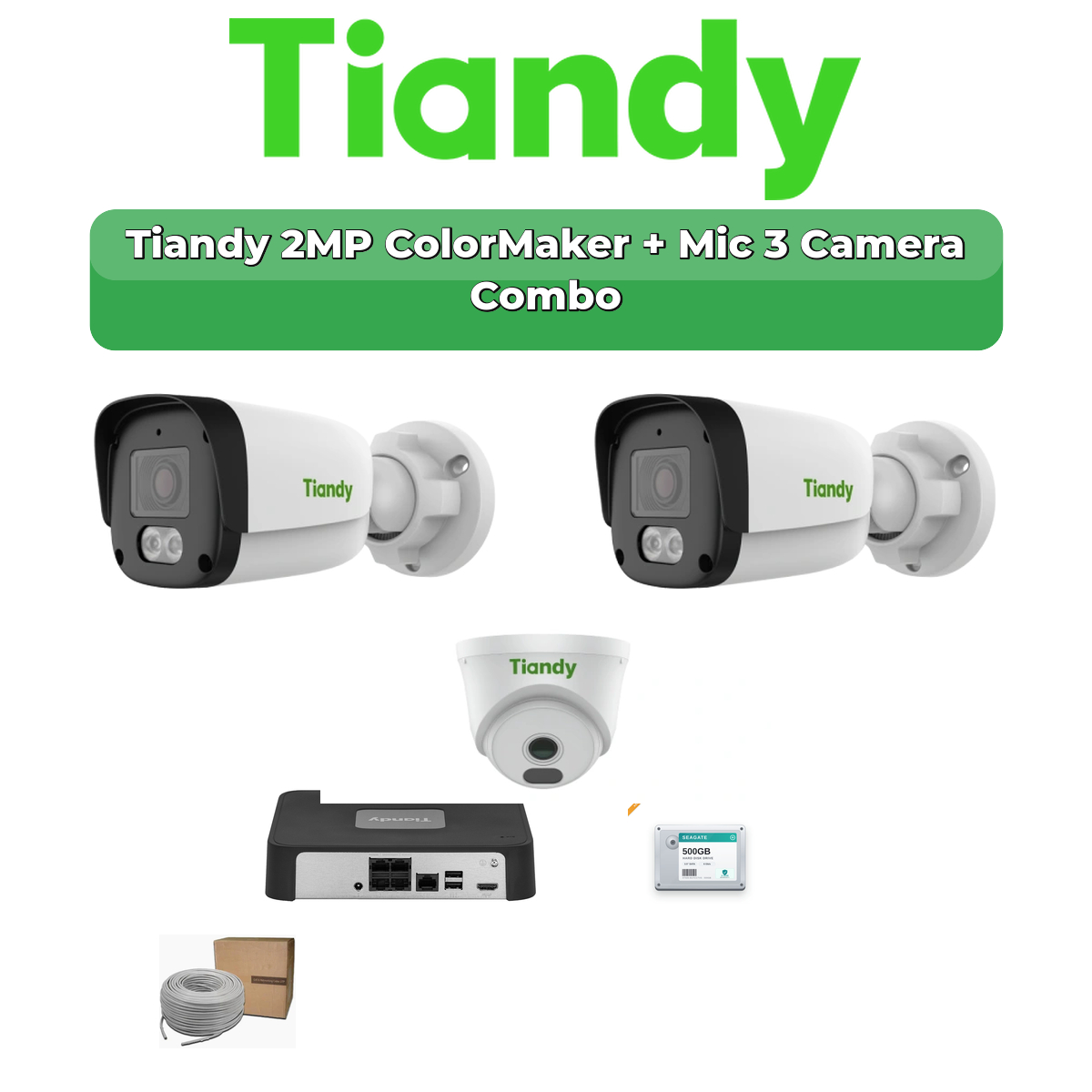 Tiandy 3 Camera 2MP IP CCTV Combo Kit | ColorMaker + Mic | 4CH NVR | 500GB HDD 1 Tiandy 3 Camera 2MP IP CCTV Combo Kit | ColorMaker + Mic | 4CH NVR | 500GB HDD