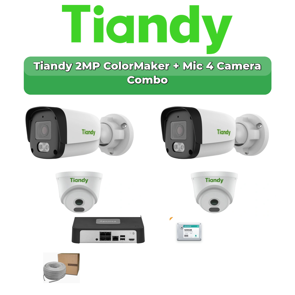 Tiandy 4 Camera 2MP IP CCTV Combo Kit | ColorMaker + Mic | 4CH NVR | 500GB HDD 1 Tiandy 4 Camera 2MP IP CCTV Combo Kit | ColorMaker + Mic | 4CH NVR | 500GB HDD