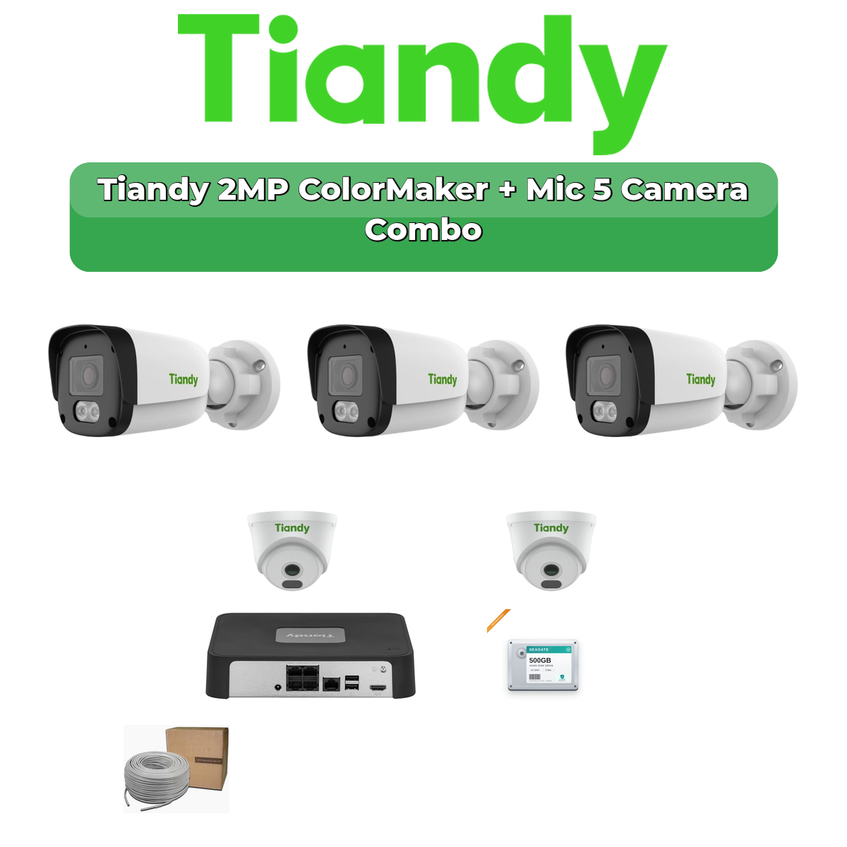 Tiandy 5 Camera 2MP IP CCTV Combo Kit | ColorMaker + Mic | 8CH NVR | 500GB HDD 1 Tiandy 5 Camera 2MP IP CCTV Combo Kit | ColorMaker + Mic | 8CH NVR | 500GB HDD