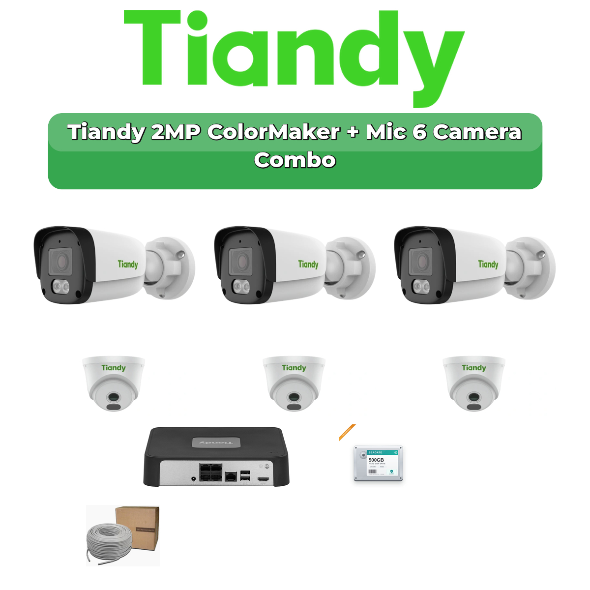 Tiandy 6 Camera 2MP IP CCTV Combo Kit | ColorMaker + Mic | 8CH NVR | 500GB HDD 1 Tiandy 6 Camera 2MP IP CCTV Combo Kit | ColorMaker + Mic | 8CH NVR | 500GB HDD
