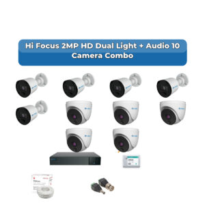 Hi Focus 10 Camera 2MP HD CCTV Combo Kit | Dual Light + Coaxial Audio | 16CH Recorder | 1×2TB HDD