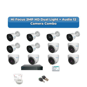 Hi Focus 12 Camera 2MP HD CCTV Combo Kit | Dual Light + Coaxial Audio | 16CH Recorder | 1×2TB HDD