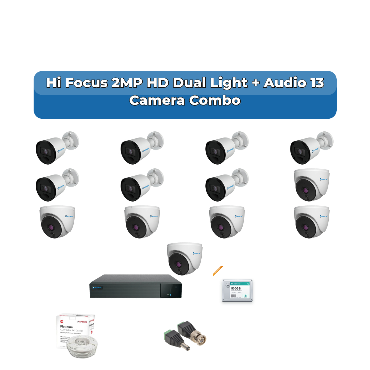 Hi Focus 13 Camera 2MP HD CCTV Combo Kit | Dual Light + Coaxial Audio | 16CH Recorder | 1ร4TB HDD 1 Hi Focus 13 Camera 2MP HD CCTV Combo Kit | Dual Light + Coaxial Audio | 16CH Recorder | 1ร4TB HDD