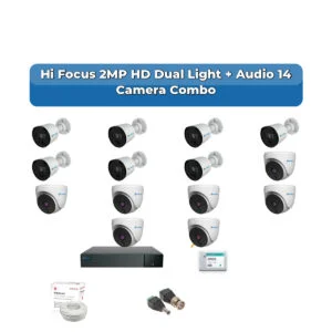 Hi Focus 14 Camera 2MP HD CCTV Combo Kit | Dual Light + Coaxial Audio | 16CH Recorder | 1×4TB HDD